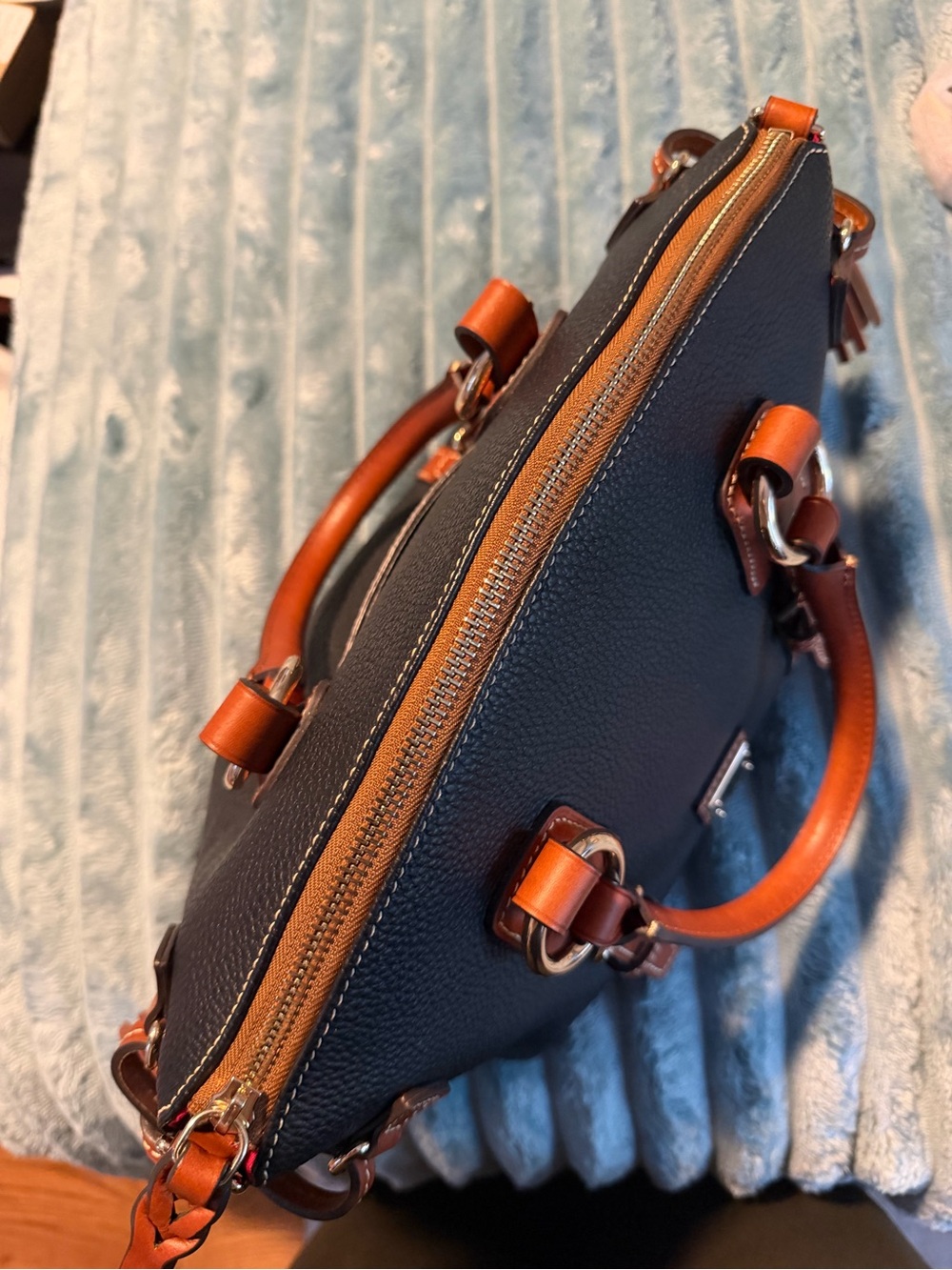Dooney & Bourke Black Pebbled Leather Satchel with Brown Trim and Tassel - Picture 8 of 8